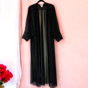Natori Vintage Black Sheer Peignoir Long Maxi Robe Lace Accents New